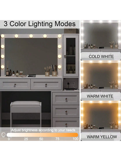 Collaredeagle White 43" W Vanity Desk with Mirror & 11 USB Power Lights, 5 Drawer Modern Makeup Desk with Glass Top & Cushioned Stool, 3 Lighting Modes Brightness Adjustable,Power Outlet,Bedroom