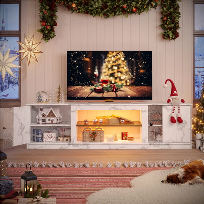 70" LED TV Stand for Tvs up to 80", Gaming Entertainment Center with Storage Cabinet and Adjustable Shelves, White Marble