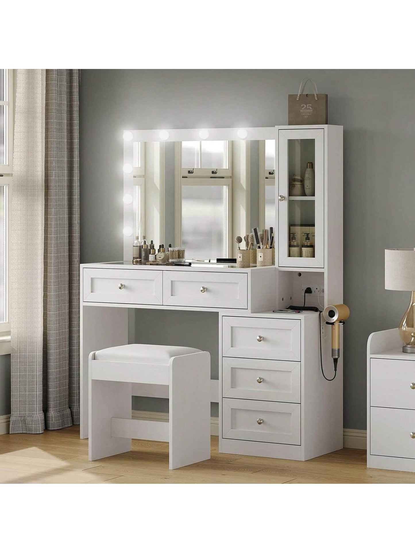 Collaredeagle White 43" W Vanity Desk with Mirror & 11 USB Power Lights, 5 Drawer Modern Makeup Desk with Glass Top & Cushioned Stool, 3 Lighting Modes Brightness Adjustable,Power Outlet,Bedroom