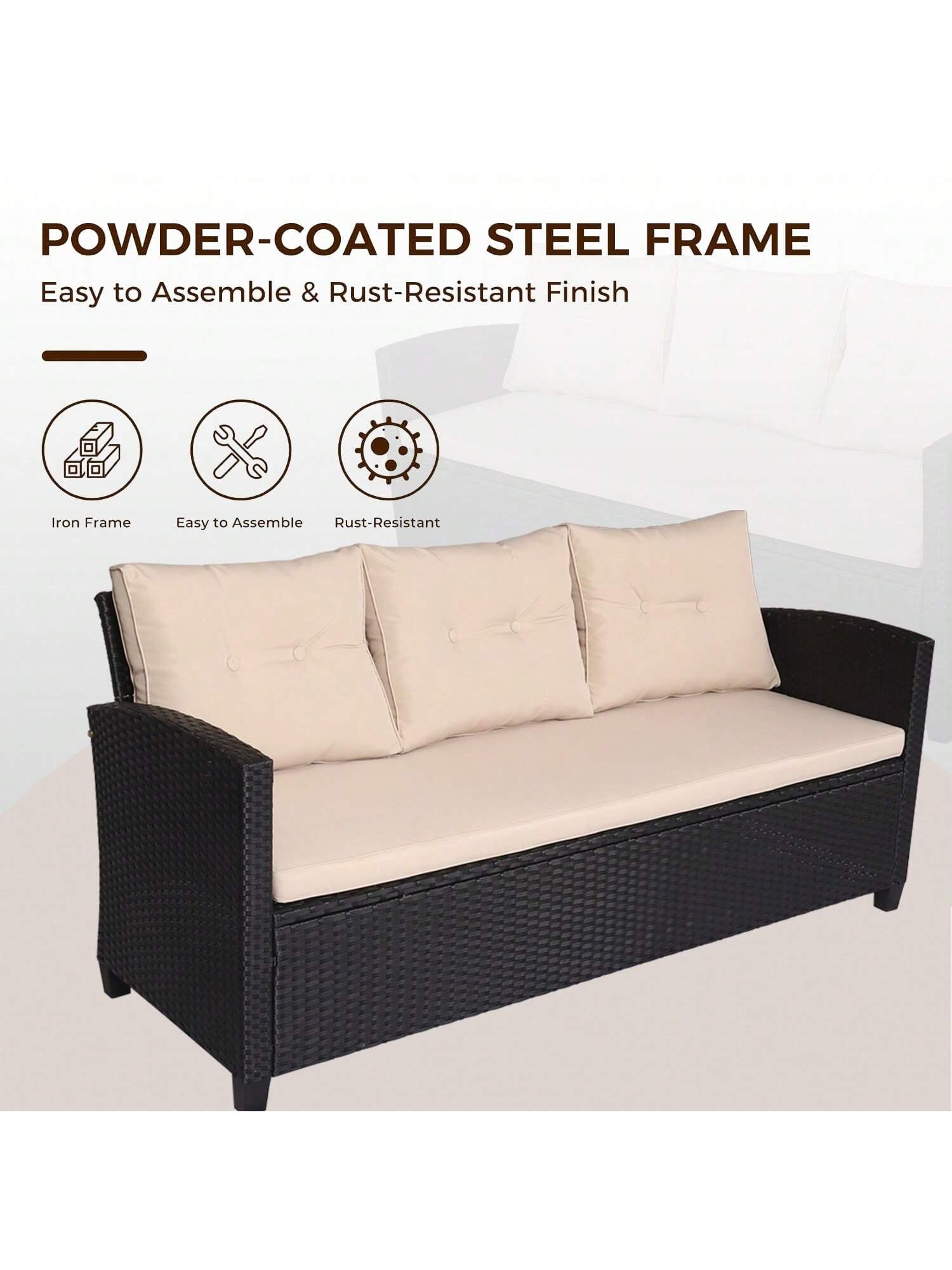 Patio Furniture Sectional Sofa Set – 3 Piece All Weather Black Resin Wicker Outdoor Conversation Set Beige Washable Cushions & Coffee Table | Garden | Backyard | Pool