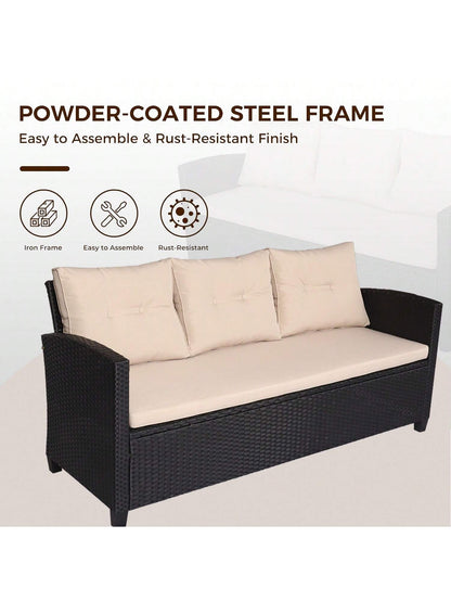 Patio Furniture Sectional Sofa Set – 3 Piece All Weather Black Resin Wicker Outdoor Conversation Set Beige Washable Cushions & Coffee Table | Garden | Backyard | Pool