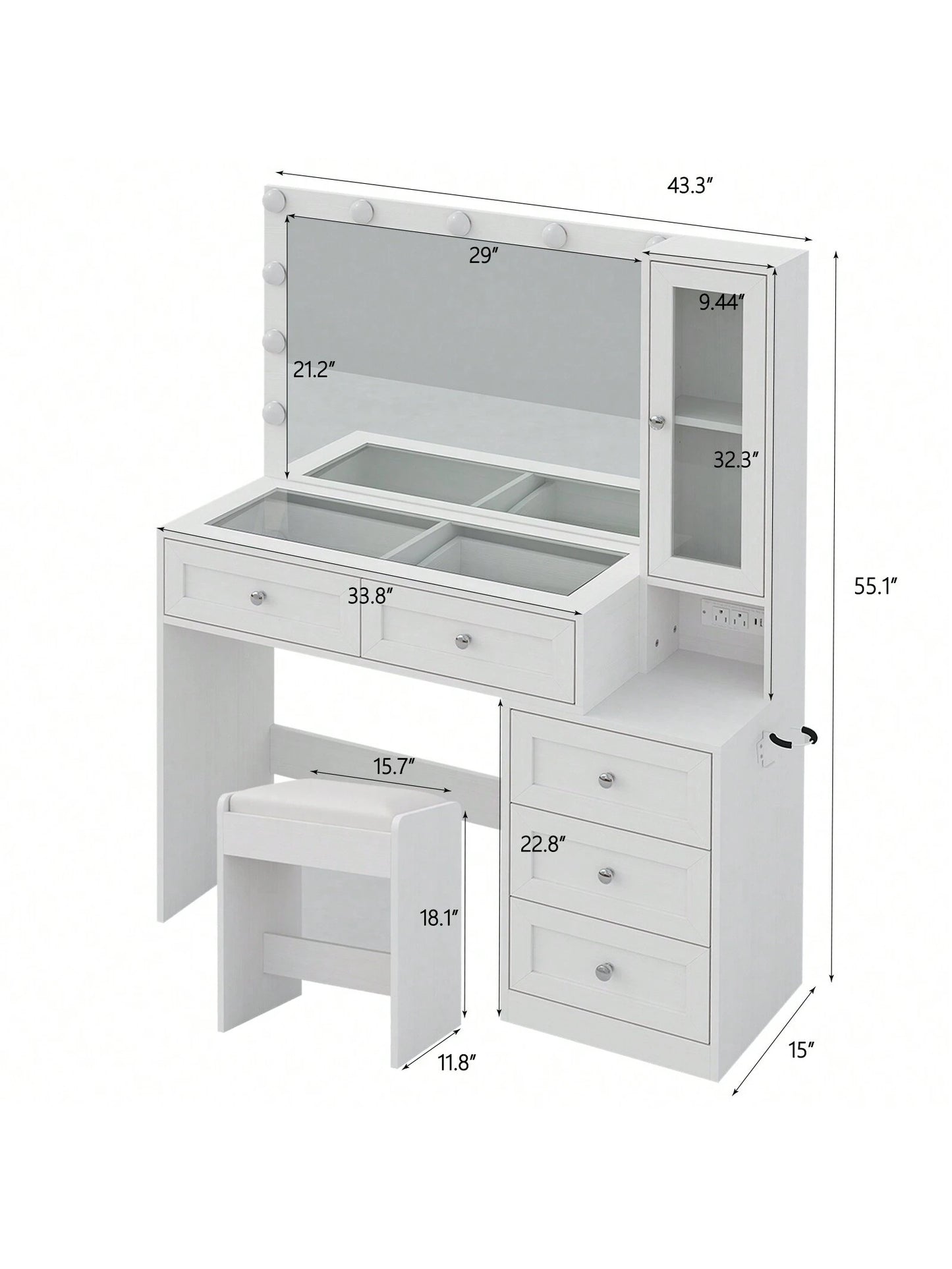 Collaredeagle White 43" W Vanity Desk with Mirror & 11 USB Power Lights, 5 Drawer Modern Makeup Desk with Glass Top & Cushioned Stool, 3 Lighting Modes Brightness Adjustable,Power Outlet,Bedroom