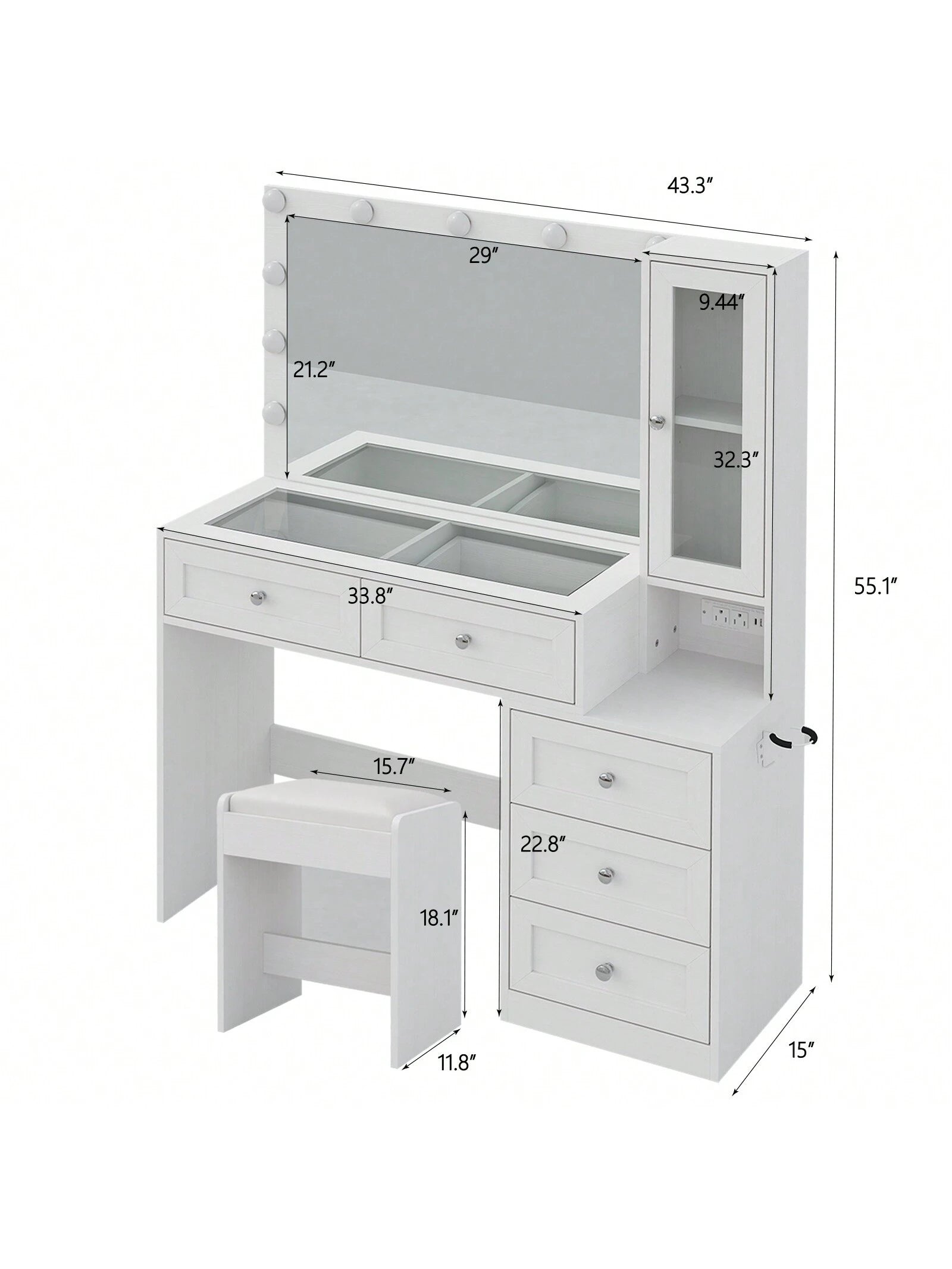 Collaredeagle White 43" W Vanity Desk with Mirror & 11 USB Power Lights, 5 Drawer Modern Makeup Desk with Glass Top & Cushioned Stool, 3 Lighting Modes Brightness Adjustable,Power Outlet,Bedroom