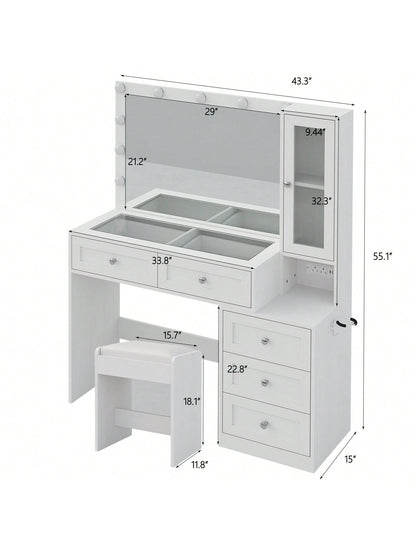 Collaredeagle White 43" W Vanity Desk with Mirror & 11 USB Power Lights, 5 Drawer Modern Makeup Desk with Glass Top & Cushioned Stool, 3 Lighting Modes Brightness Adjustable,Power Outlet,Bedroom