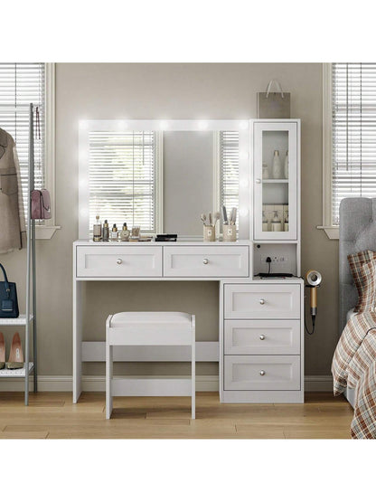 Collaredeagle White 43" W Vanity Desk with Mirror & 11 USB Power Lights, 5 Drawer Modern Makeup Desk with Glass Top & Cushioned Stool, 3 Lighting Modes Brightness Adjustable,Power Outlet,Bedroom
