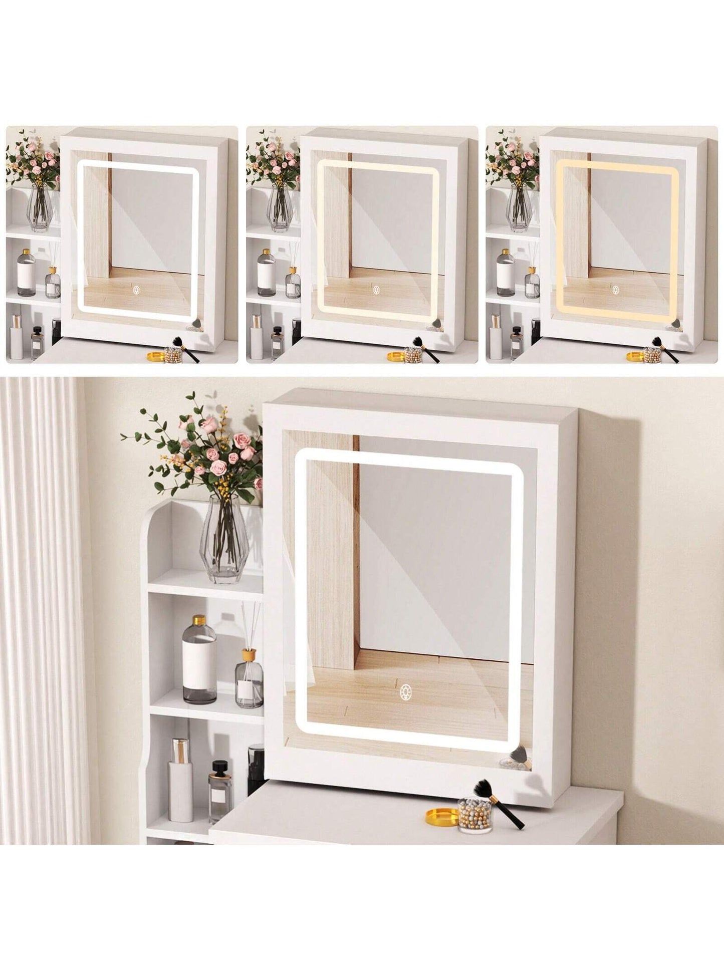 AYYUFE Vanity Desk with Mirror and LED Lights,Small Vanity with 4 Storage Drawers and Cushioned Stool,White Makeup Vanity Desk Set with Extra Large Sliding LED Mirror,3 Lighting Modes,Brightness Adjustable