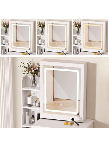 AYYUFE Vanity Desk with Mirror and LED Lights,Small Vanity with 4 Storage Drawers and Cushioned Stool,White Makeup Vanity Desk Set with Extra Large Sliding LED Mirror,3 Lighting Modes,Brightness Adjustable