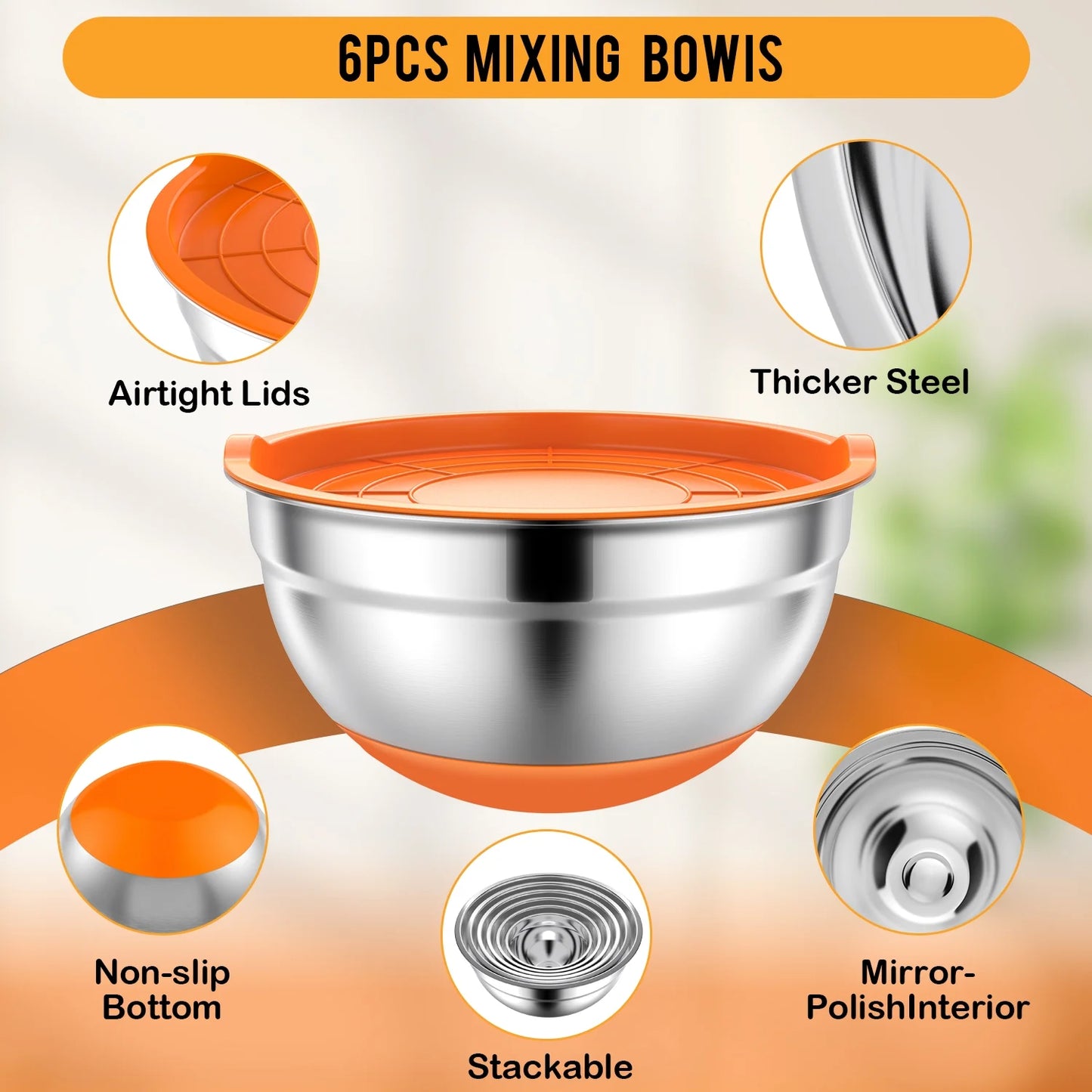 Mixing Bowls with Lids: Stainless Steel Mixing Bowls Set - 6 Piece Metal Nesting Mixing Bowls with Rubber Bottom-Multicolor