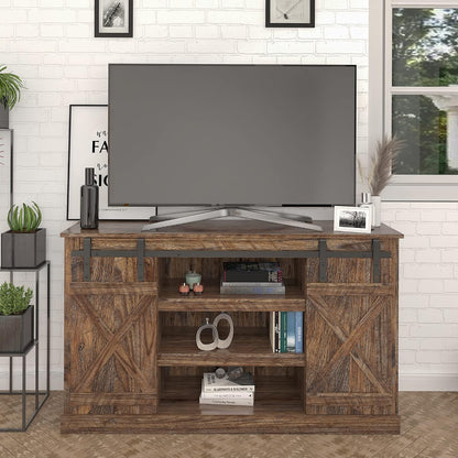 Farmhouse TV Stand Wood Sliding Barn Doors Entertainment Center, Modern TV Stand for 60 Inch TV, Television Stands with Adjustable Shelves Living Room TV Console, Rustic
