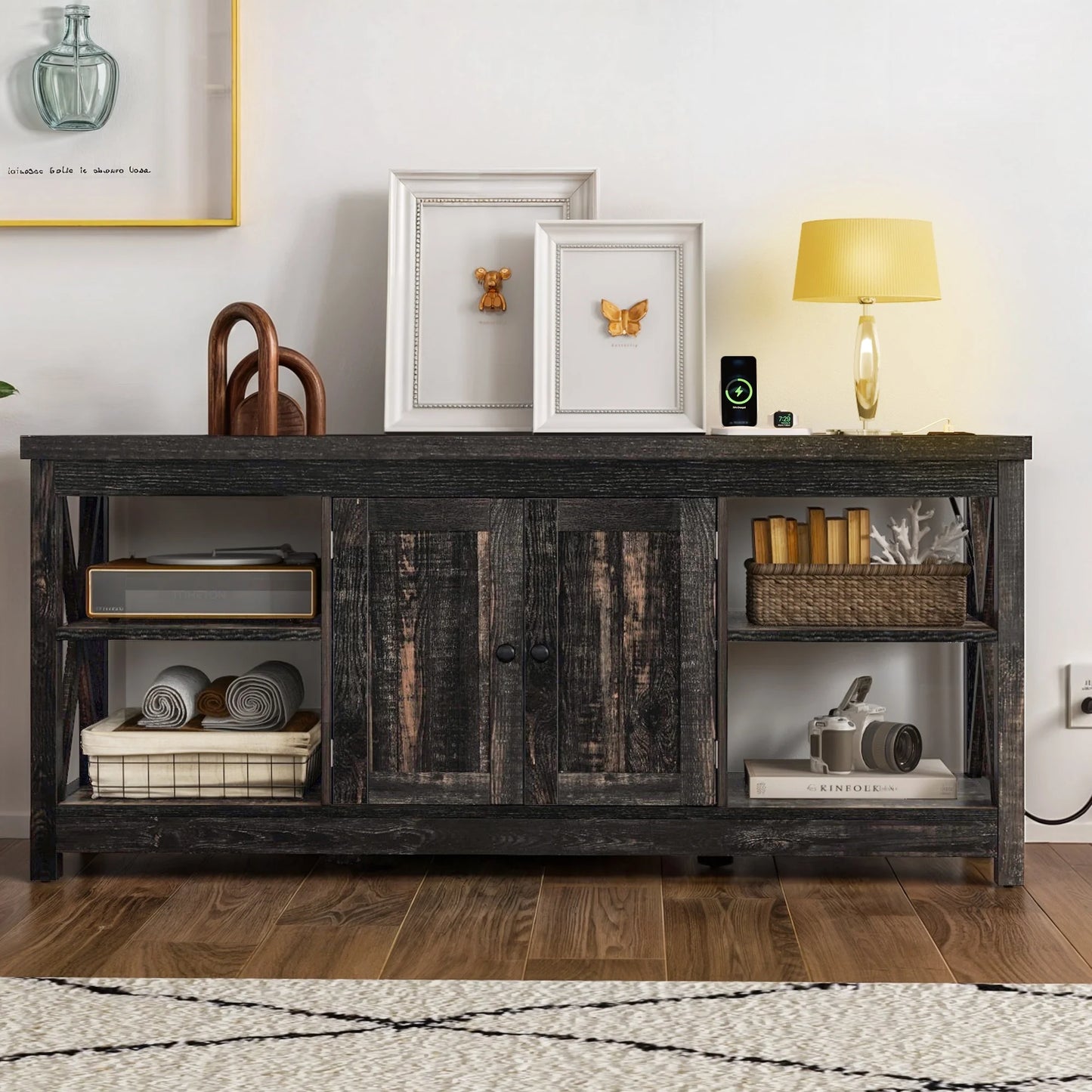 Farmhouse TV Stand up to 65 Inches W/Power Outlets, Entertainment Center Cabinet with Storage for Living Room, Rustic Oak