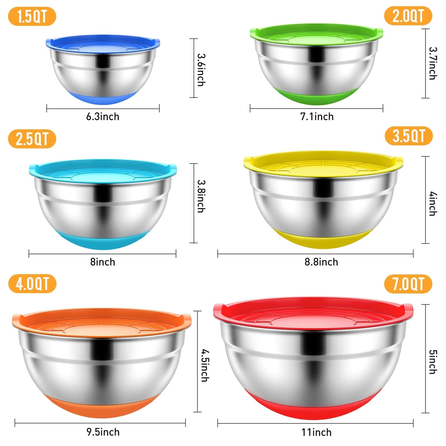 Mixing Bowls with Lids: Stainless Steel Mixing Bowls Set - 6 Piece Metal Nesting Mixing Bowls with Rubber Bottom-Multicolor