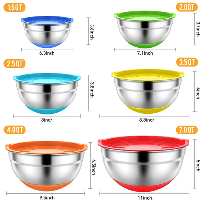 Mixing Bowls with Lids: Stainless Steel Mixing Bowls Set - 6 Piece Metal Nesting Mixing Bowls with Rubber Bottom-Multicolor