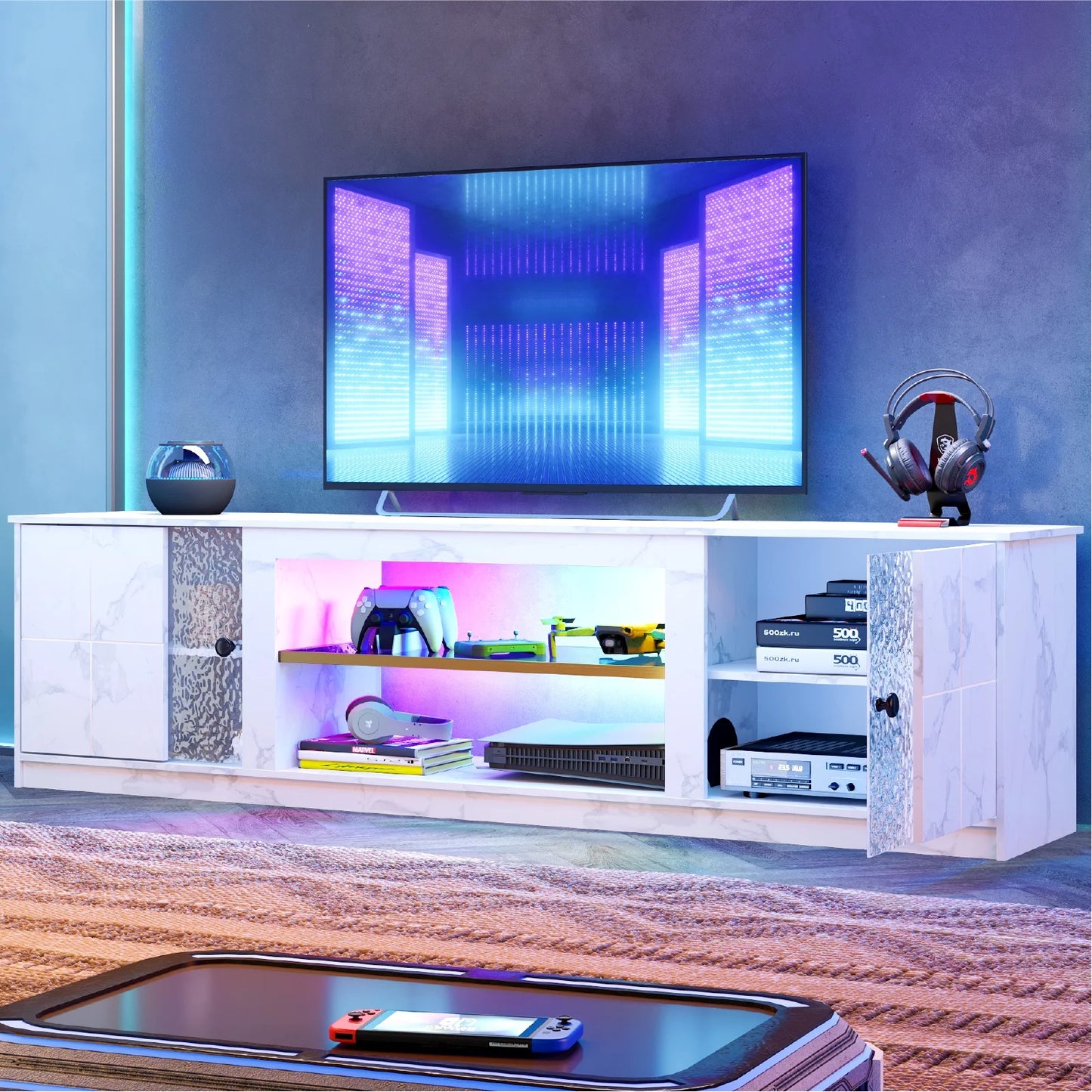 70" LED TV Stand for Tvs up to 80", Gaming Entertainment Center with Storage Cabinet and Adjustable Shelves, White Marble