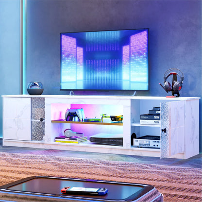 70" LED TV Stand for Tvs up to 80", Gaming Entertainment Center with Storage Cabinet and Adjustable Shelves, White Marble