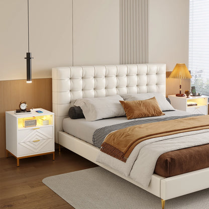 LED Nightstand with 2 Drawers, Charging Station, White Modern Night Table High Gloss End Side Table for Bedroom