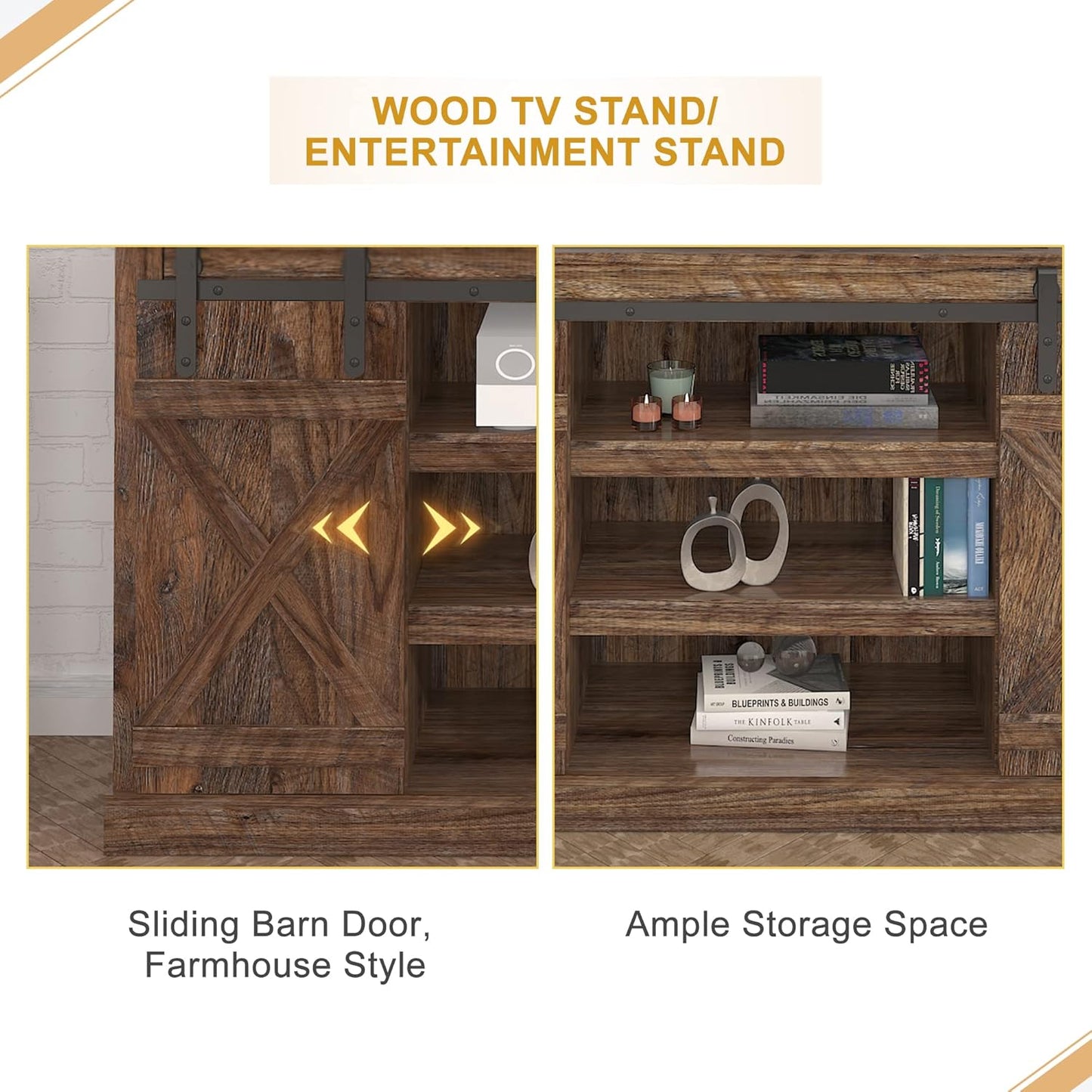 Farmhouse TV Stand Wood Sliding Barn Doors Entertainment Center, Modern TV Stand for 60 Inch TV, Television Stands with Adjustable Shelves Living Room TV Console, Rustic